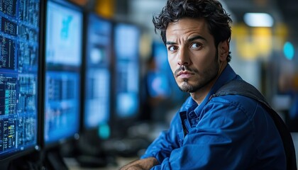 Poster - Focused young professional analyzes data trends in a modern office with multiple computer screens