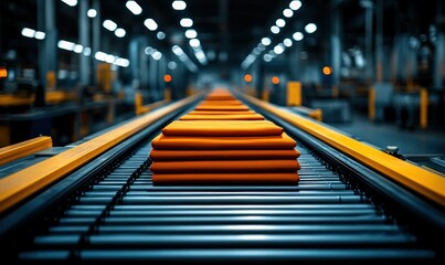 Poster - Stacked Orange Fabrics on Conveyor Belt in Modern Textile Manufacturing Facility