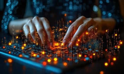 Aufkleber - Hands Typing on Keyboard with Overlay of Data Visualization and Digital Effects in Dark Environment