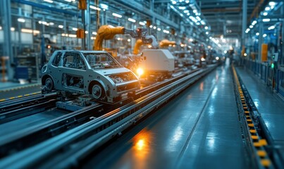 Poster - Modern Automotive Manufacturing Assembly Line with Robots and Automated Machinery in Action