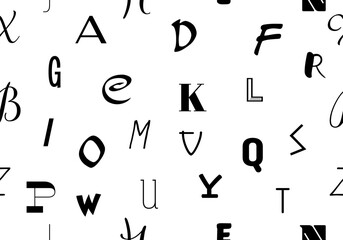 Fototapete - Seamless pattern with letters vector illustration. Texture with abc. Alphabet letters shapes abstract seamless repeat pattern. Black and white seamless pattern with hand drawn letters