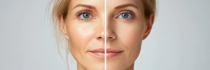 Poster - Split screen comparison of aging and youth on a womans face showcasing visible wrinkles versus smooth skin. Generative AI