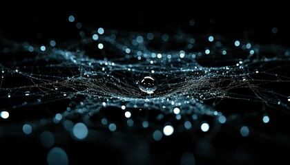 Poster - Intricate Web of Light Reflections and Water Droplet in Dark Background with Bokeh Effect
