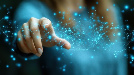 Poster - Woman's finger interacting with a digital network graphic overlay