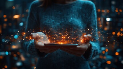 Poster - Woman holding smartphone with digital network graphic, urban background