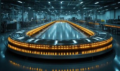 Poster - Industrial Production Line with Illuminated Conveyor Belt in Modern Manufacturing Facility