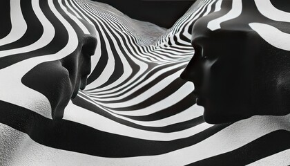 Poster - Abstract Black and White Striped Landscape with Silhouetted Faces in Dreamlike Scene