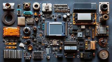 Poster - Electronic components scattered on dark surface, showcasing technological innovation
