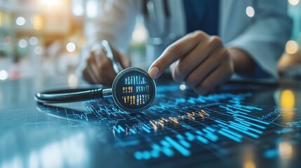 Poster - Doctor examining health data on interactive display in clinic