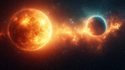 Wall Mural - Modern cosmic landscape featuring two contrasting planets in the sky symbolizing duality harmony and the balance between opposing forces