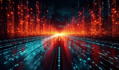Poster - Futuristic Data Stream with Fiery Glow and Neon Lights in a Digital Landscape