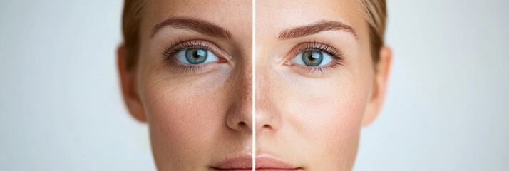 Aufkleber - Comparison of aging and youthfulness in a womans face showcasing contrasting skin textures and features. Generative AI
