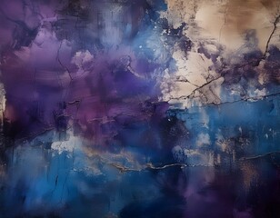 Wall Mural - abstract interplay of deep purple cool blue and beige tones layered with distressed textures forming a mysterious and raw composition reminiscent of aged walls and weathered surfaces