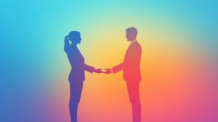 Aufkleber - Silhouettes of two professionals sealing a business deal in an abstract gradient background during sunset. Generative AI