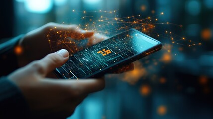 Poster - Hands holding phone with digital interface, city background