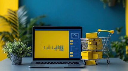 Poster - E-commerce laptop display with miniature shopping cart of packages; growing online business concept