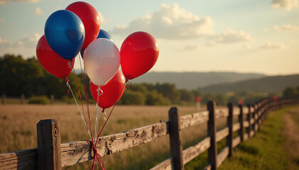 Colorful balloons tied to wooden fence in a sunset field