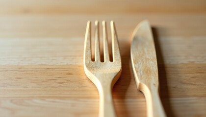 Aufkleber - Close-up of wooden fork and knife with smooth, natural texture, placed on light wooden table, highlighting biodegradable and sustainable appeal