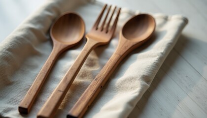 Aufkleber - Mockup of wooden cutlery set, displayed on rustic linen napkin with soft shadows, perfect for eco-conscious branding and food packaging