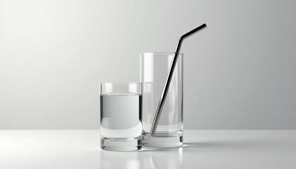 Aufkleber - A modern stainless steel straw placed next to a clean drinking glass with mA modern stainless steel straw placed next to a clean dinimal objects, realistic reflections, and mockup-ready and copy space