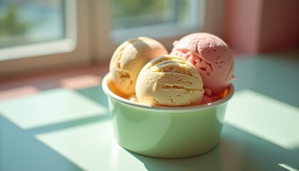 Aufkleber - A close-up of a colorful ice cream cup filled with two scoops of ice cream, with subtle shadows and simple composition and copy space