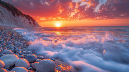 Wall Mural - landscape long-exposure photo of rocks on the beach at sunset with waves in motion, dramatic clouds.