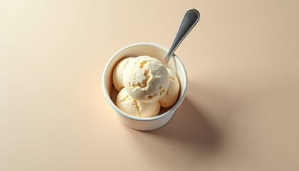 Aufkleber - A top-down view of a plain ice cream cup with a spoon placed beside it, soft natural lighting, realistic mockup and copy space