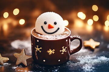 Sticker - Snowman in a cup of hot chocolate - festive red Christmas drink with creative food art - winter holiday concept - cozy and delicious treat