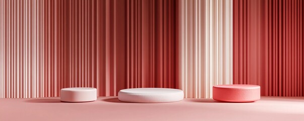 Poster - Three empty round podiums displaying against elegant curtain backdrop