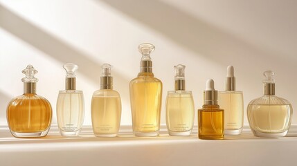 Canvas Print - collection of luxury skincare bottles, arranged symmetrically on a soft white surface, with soft, natural lighting creating an elegant and clean atmosphere