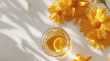 Wall Mural - handful of dried calendula flowers, placed beside a small glass jar of calendula oil, all set on a pure white surface with subtle light reflection