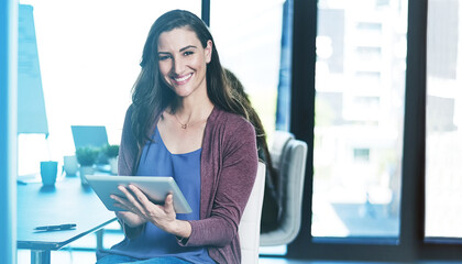 Poster - Woman, tablet and online for media business, portrait and professional journalist for article. Office, publishing agency and website for newsletter editing, proud reporter and creative employee