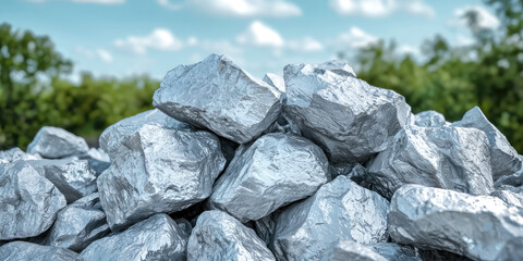 Wall Mural - Pile of raw nickel ore before processing. Nickel mining, pile of raw nickel pieces against the background of natural landscape.