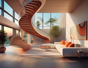 inspiration open space interior design with living room and modern spiral staircase minimal and contemporary architecture ideas creativity with structure