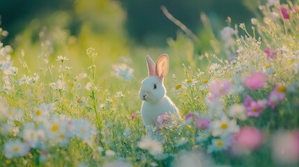 Wall Mural - gentle bunny, hopping through a garden of wildflowers with its ears perked up, set against a vibrant green field with the soft light of the early morning sun