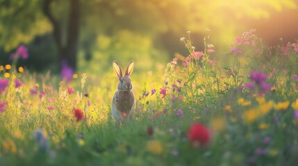 Wall Mural - gentle bunny, hopping through a garden of wildflowers with its ears perked up, set against a vibrant green field with the soft light of the early morning sun