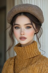 Wall Mural - Young woman with natural makeup wearing a knitted sweater and hat poses indoors in soft lighting