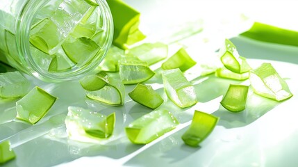 Canvas Print - fresh aloe vera leaf cut into pieces, next to a glass jar of aloe vera extract, with the pieces arranged on a bright white surface