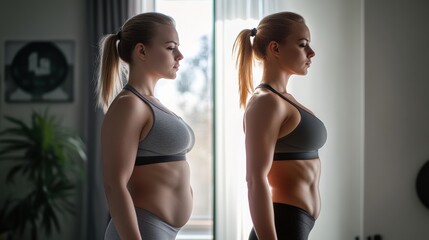 Poster - Transformation showcasing a womans body from slightly overweight to toned and fit in a fitness studio. Generative AI