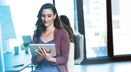 Poster - Woman, tablet and online for research on story, typing and professional journalist for press media. Office, publishing agency and website for newsletter editing, proud reporter and creative employee