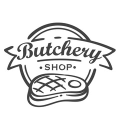 Wall Mural - Butchery shop round logo with BBQ steak line icon. Outline hand drawn seal with barbecue meat, beefsteak with grill stripe and Butchery text on ribbon emblem. Butchery logotype vector illustration