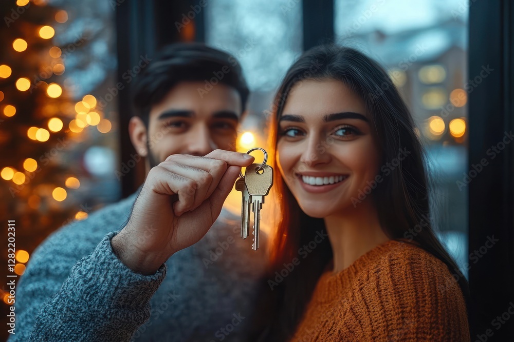 Young Indian Couple Holding Keys in Cozy Living Room Celebrate New Home ...
