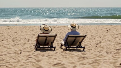 Aufkleber - Senior tourists enjoy a relaxing moment on the beach, sitting on comfortable chairs and admiring the mesmerizing ocean waves in slow motion