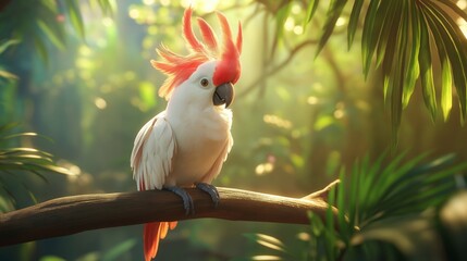 Wall Mural - fluffy cockatoo, with its feathers slightly ruffled, perched on a wooden branch with a playful expression, surrounded by tropical plants in the background