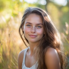 Poster - Natural portrait of a young woman smiling in a sunlit field during late afternoon in summer. Generative AI