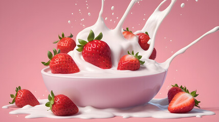 Poster - Concept starwberry yogurt splash on pink background