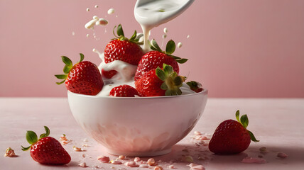 Poster - Concept starwberry yogurt splash on pink background