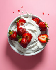 Poster - Concept starwberry yogurt splash on pink background