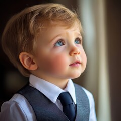 Poster - Young boy in formal attire looking upward with curiosity and innocence in a soft lit setting. Generative AI