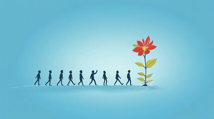 Poster - Businessmen walking towards a big red flower symbolizing success